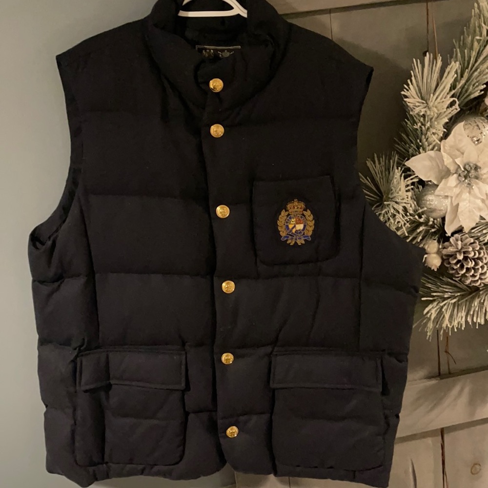 Polo Ralph Lauren VTG Preppy Royal Bullion Crest Patch Wool 750 Down Jacket Vest